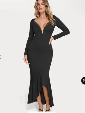 Shapewear Long Sleeve Lace Trim Sculpting Mermaid Maxi Dress